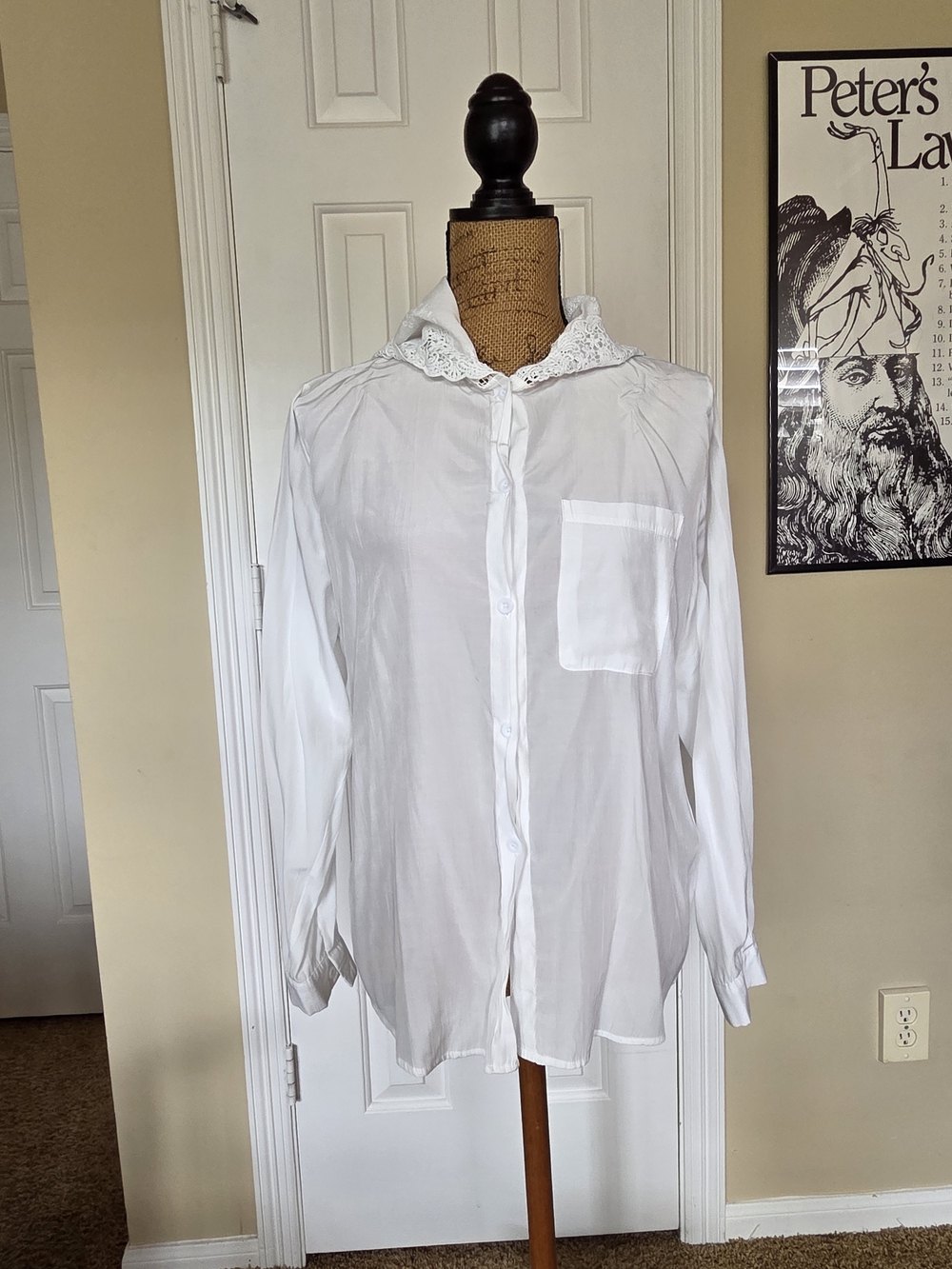 Classic White Button-Up Shirt with Lace Hood